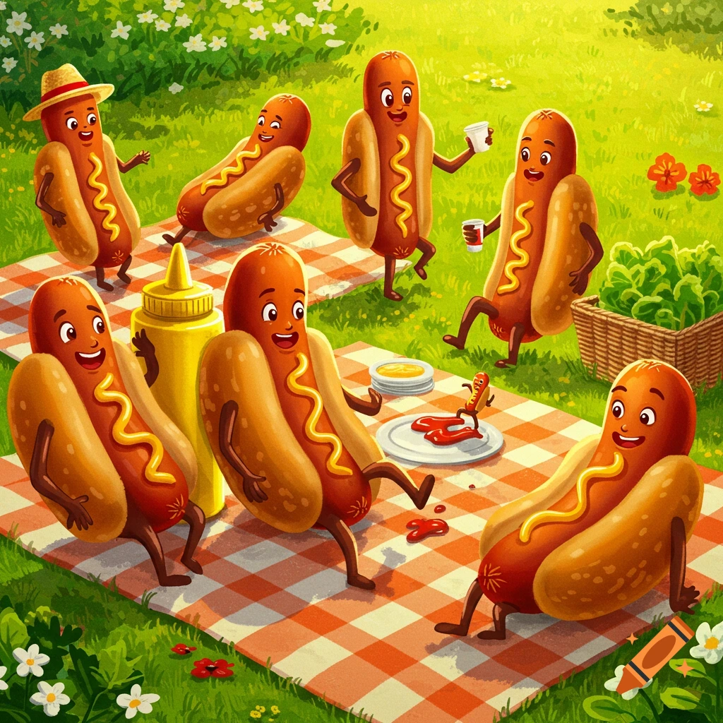 Cartoon illustration of anthropomorphic hotdogs enjoying a picnic on a checkered blanket in a sunny green field.