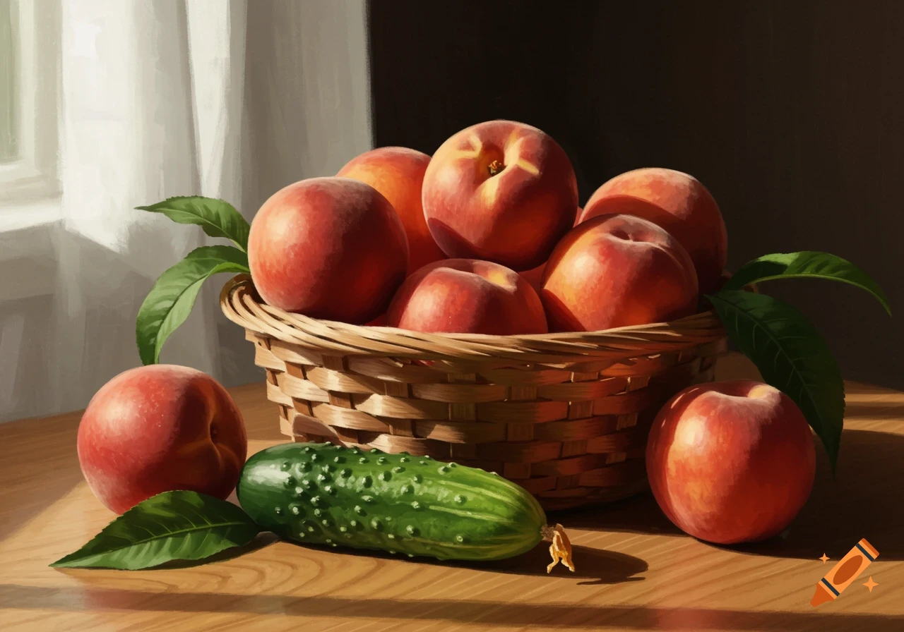 A still life painting of a wicker basket filled with peaches and a cucumber on a wooden table, lit by a window.