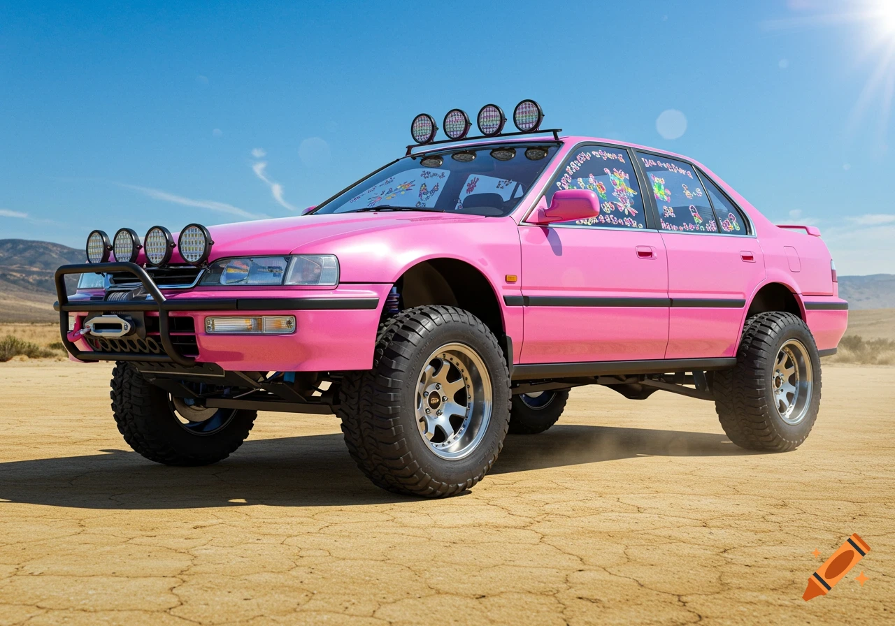 A lifted Barbie pink Honda Accord with off-road tires, a bull bar with floodlights, roof-mounted floodlights, and colorful decals on the windows, parked in a sunny desert landscape.