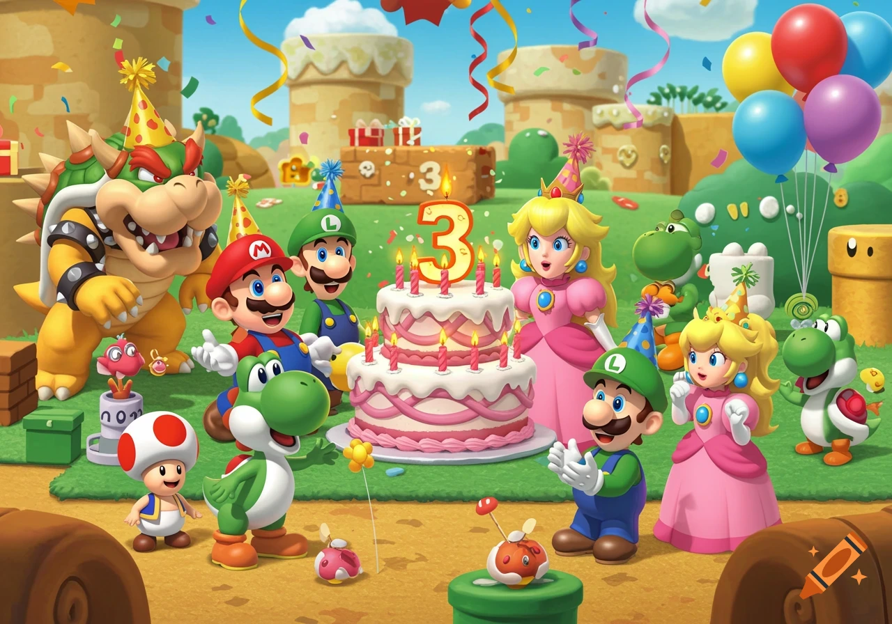 A joyful birthday party for a 3-year-old with Mario characters: Bowser, Mario, Luigi, Princess Peach, Yoshi, and Toad gathered around a birthday cake with a large number 3 candle. Confetti and balloons are in a cheerful cartoon playground setting.