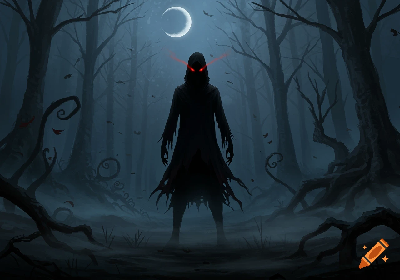 A dark, cloaked figure with glowing red eyes stands in a misty, eerie forest under a crescent moon.