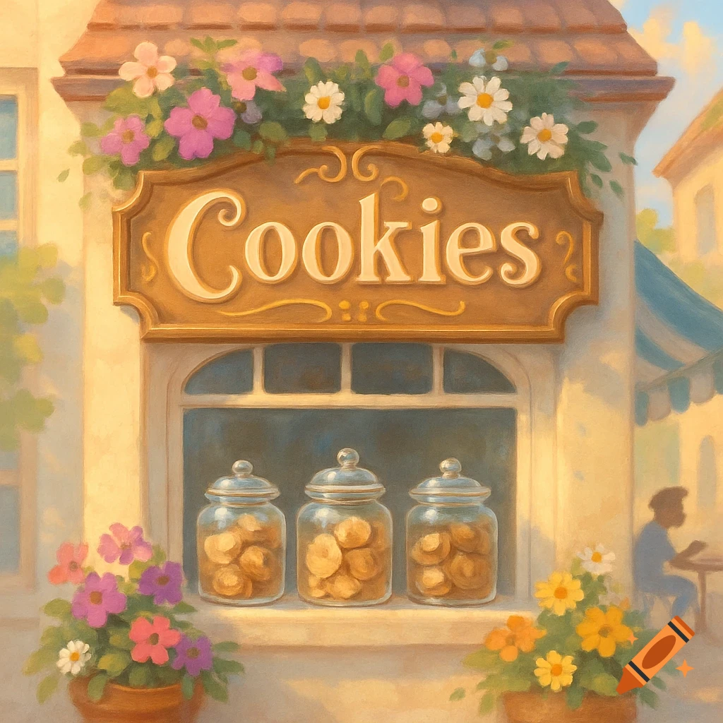 A painterly image of a cookie shop storefront with a "Cookies" sign, three glass jars filled with cookies in the window, and vibrant flowers.