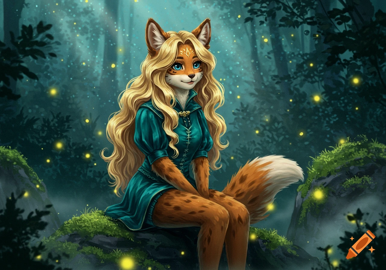 A blonde-haired, blue-eyed fox furry in a teal dress sits on a mossy rock in an enchanted forest with glowing lights.