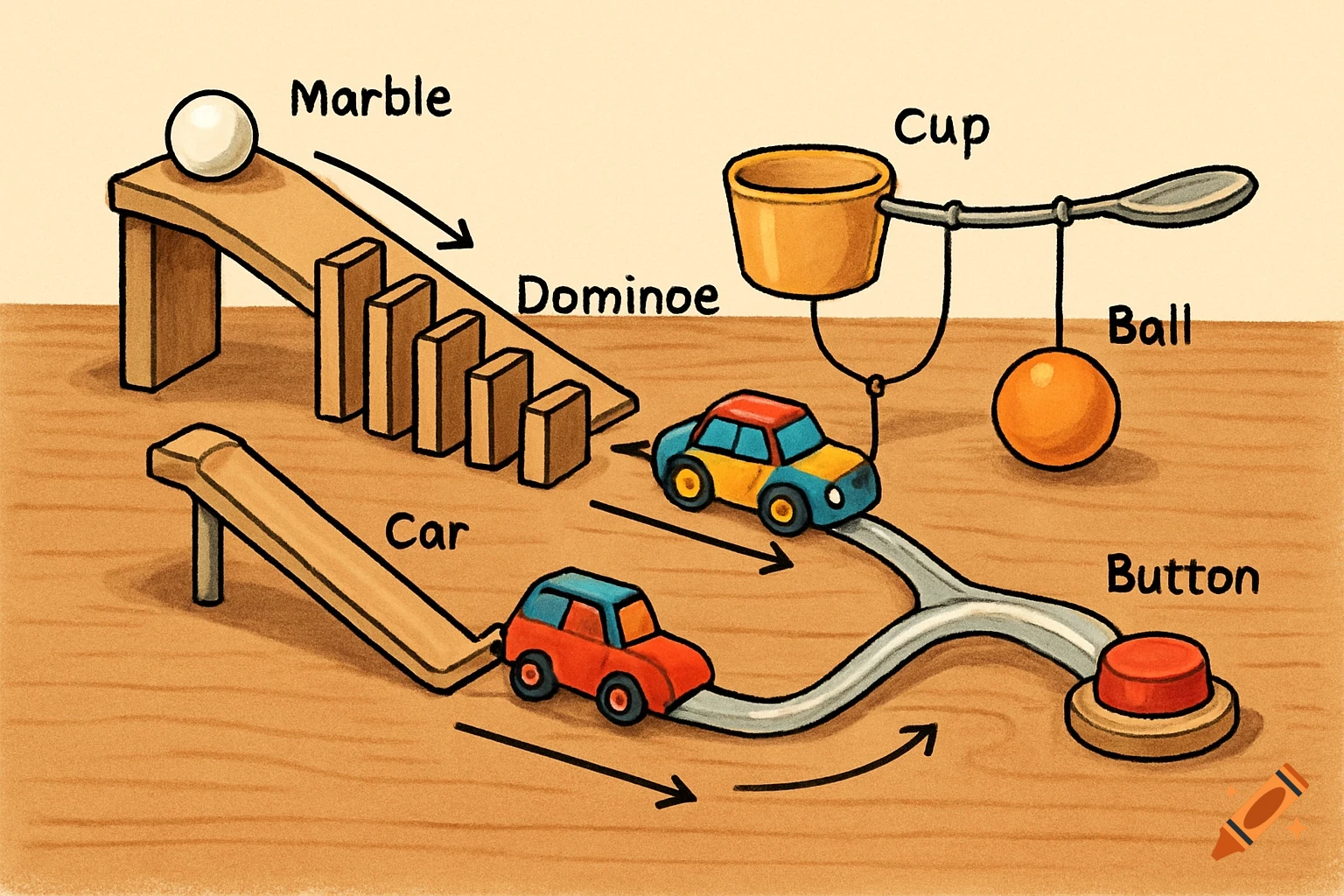 An illustrated Rube Goldberg machine diagram shows a marble hitting dominoes, a car hitting a cup, and a ball hitting a button.