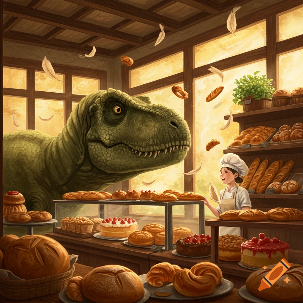 A large green T-Rex peers into a bakery filled with bread and pastries, as a small baker looks up at it.