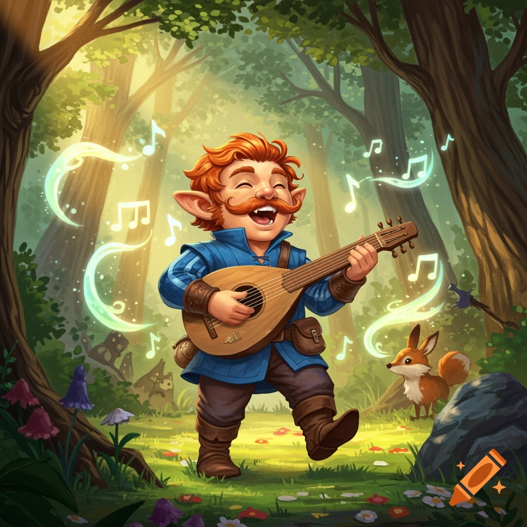 A cheerful, red-haired fantasy halfling with a mustache plays a lute in a sunny, whimsical forest with a fox nearby.