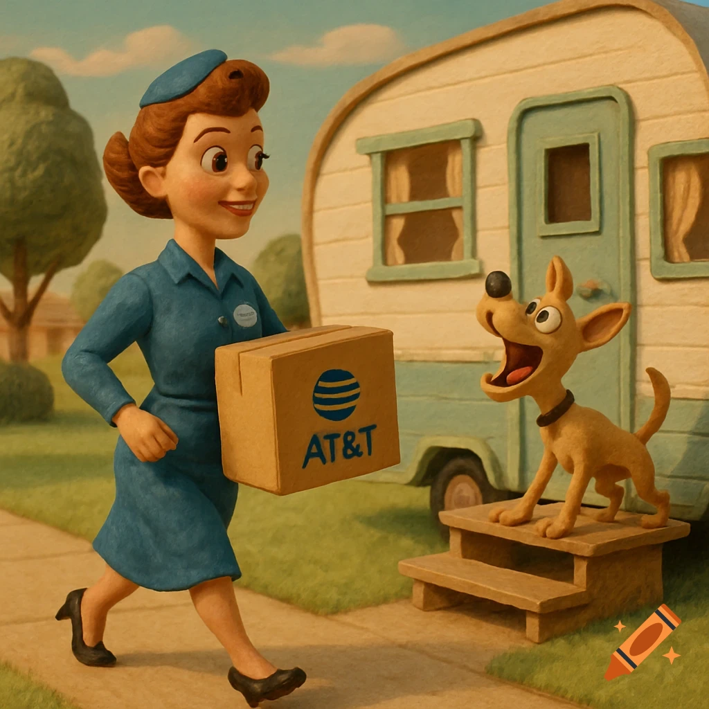 A smiling woman in a blue uniform, holding an AT&T box, walks towards a happy dog standing on steps in front of a vintage camper, in a claymation style.