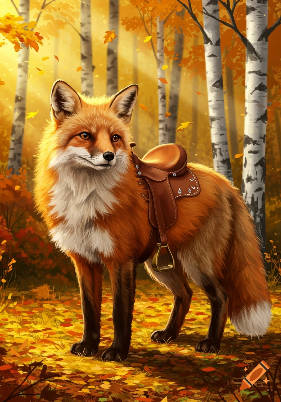 A cute orange fox with a brown leather saddle stands in a sunlit autumn forest with golden leaves.