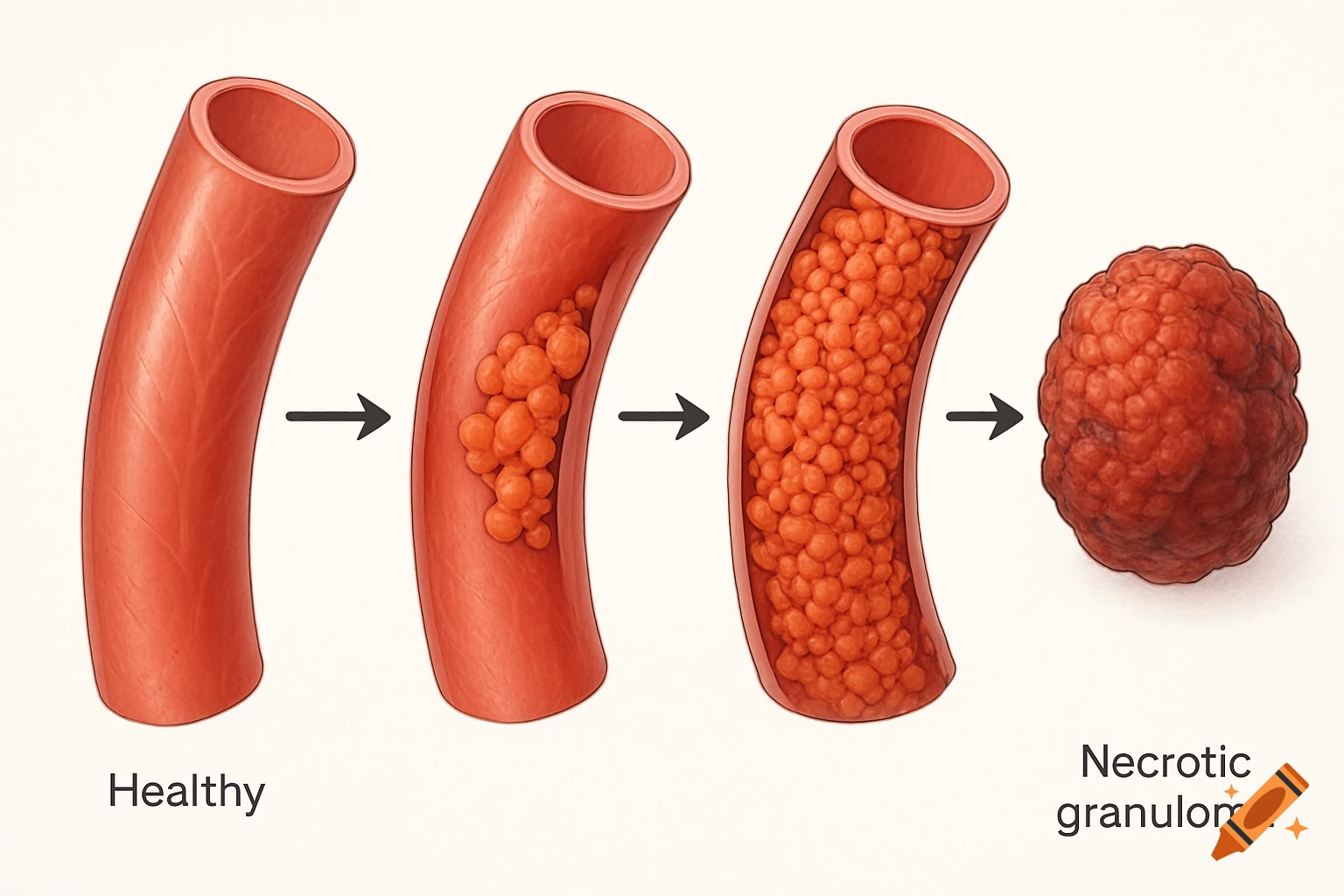 Medical illustration showing a healthy blood vessel progressing to full occlusion by inflammatory cells, forming a necrotic granuloma.