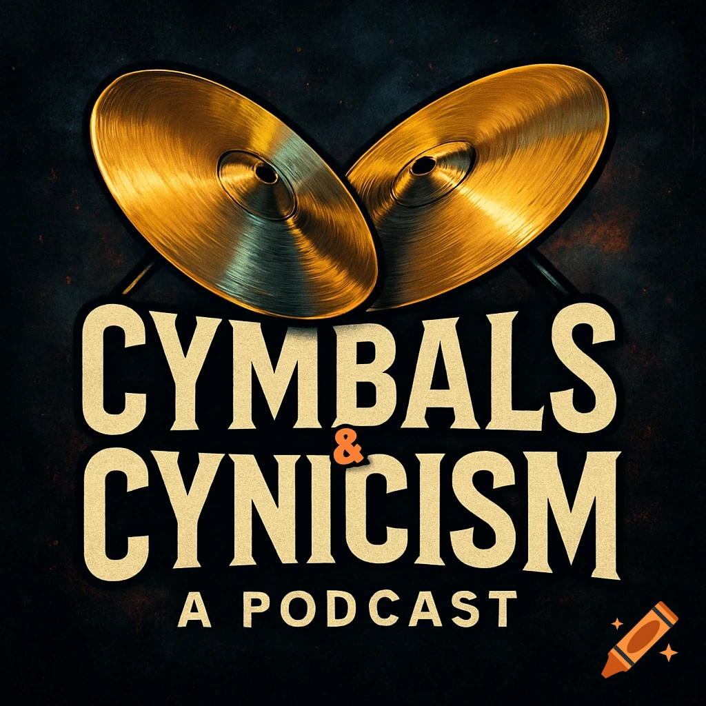 A podcast logo featuring two golden cymbals above the text 'Cymbals & Cynicism: A Podcast' on a dark background.