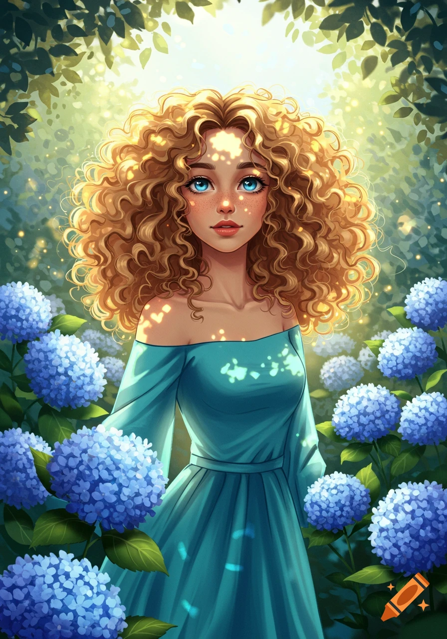 A whimsical illustration of a girl with curly blonde hair and blue eyes, wearing a teal dress, standing among blue hydrangeas in a sun-dappled forest.