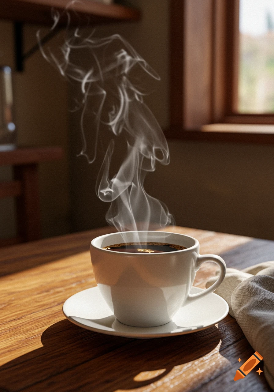 A steaming cup of black coffee on a white saucer sits on a sunlit wooden table near a window.