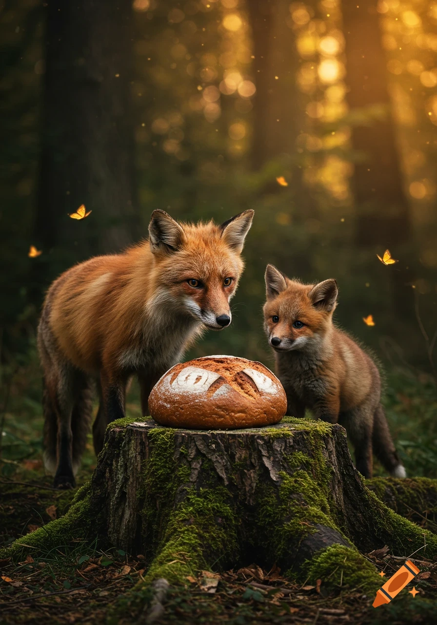 A mother fox and a baby fox look at a loaf of sourdough bread on a mossy tree stump in a sunlit forest.