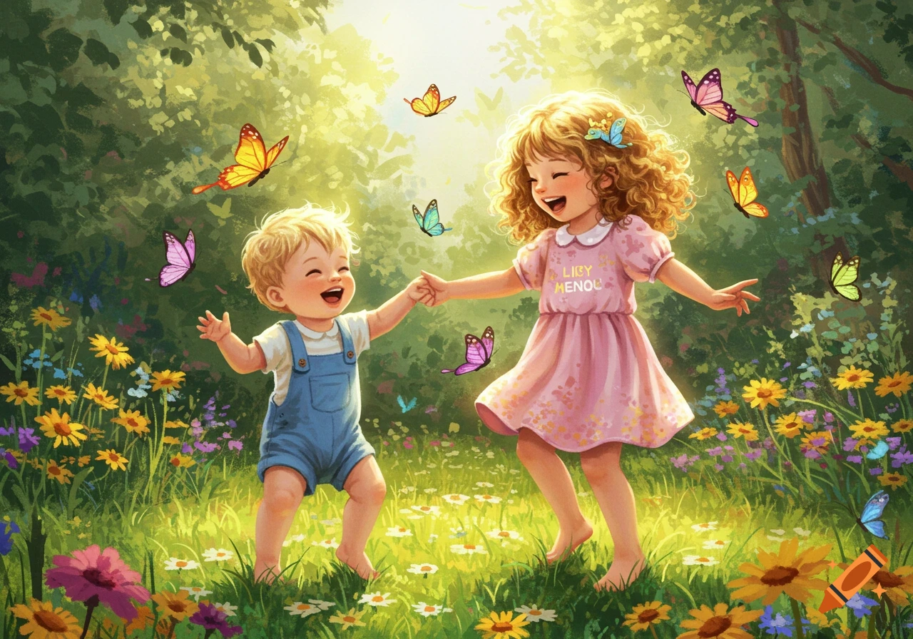 Two happy children, a boy and a girl with curly hair, dance in a sunny garden surrounded by colorful butterflies and wildflowers.