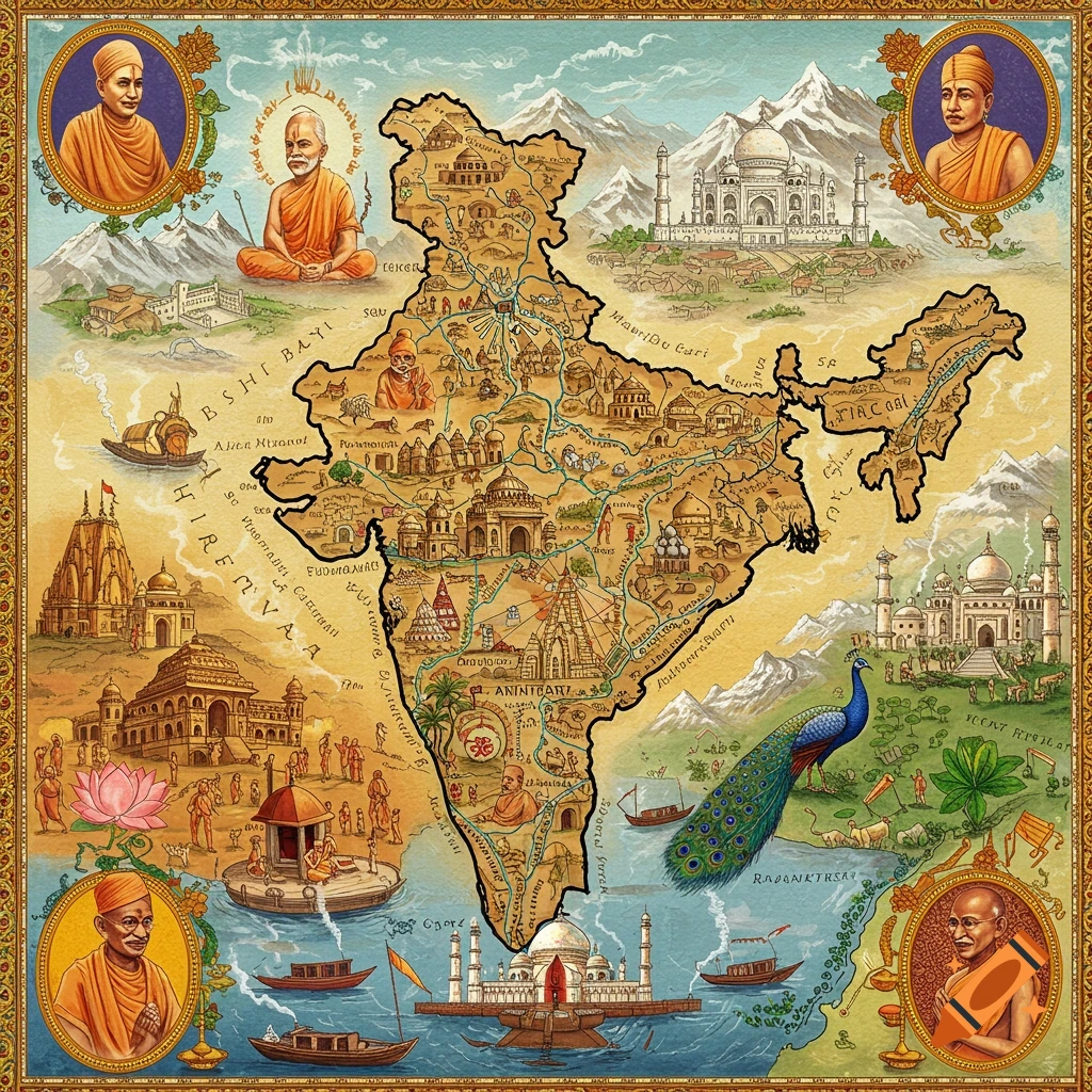 An ornate, vintage-style illustrated map of India, featuring famous landmarks, cultural symbols, people, and landscapes within its borders, with portraits in the corners.