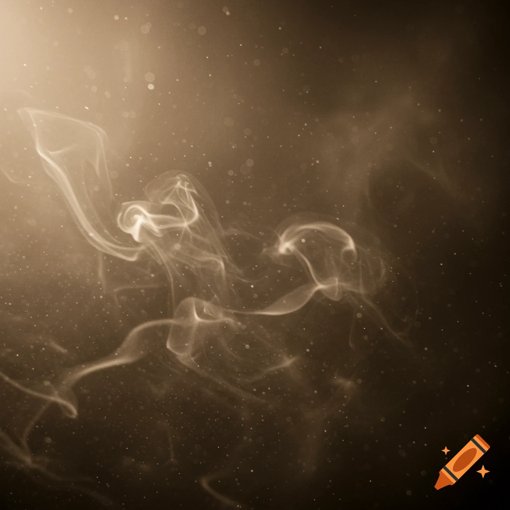 Abstract photo of smoke wisps and floating dust particles in a warm, sepia-toned light.