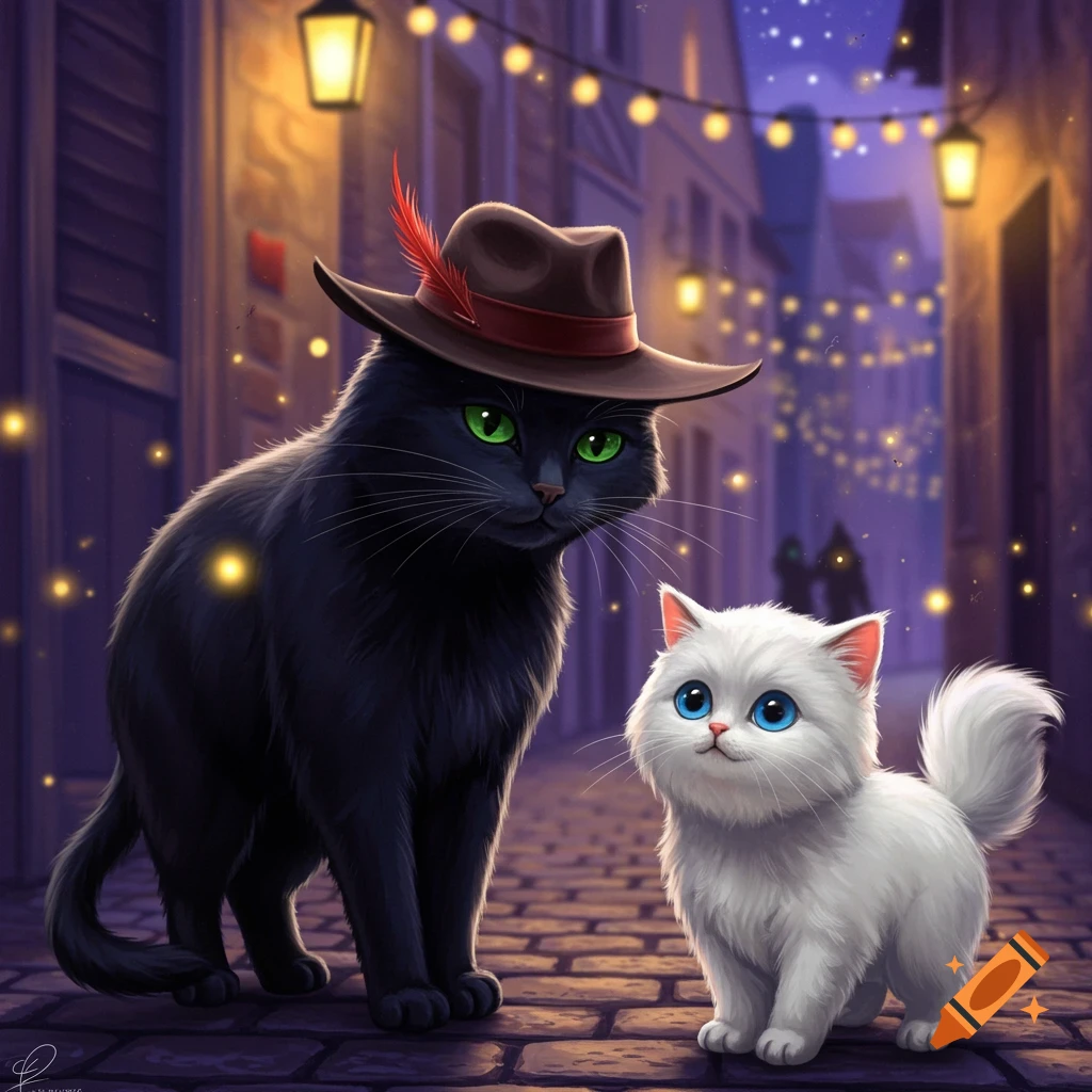 A black cat in a fedora with a red feather and a white fluffy kitten stand on a cobblestone street at night, illuminated by string lights.