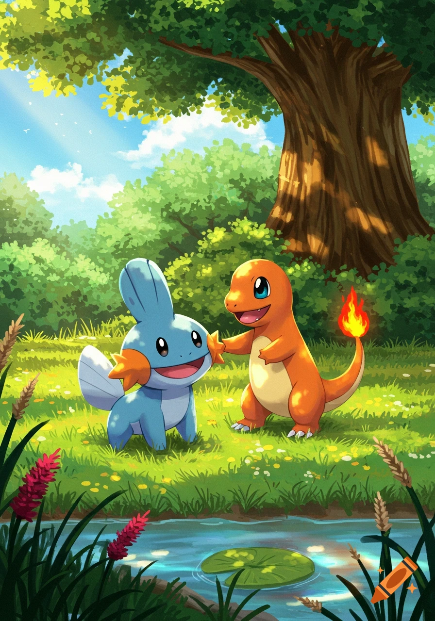 An illustration of a blue Mudkip and an orange Charmander standing together in a sunny, vibrant green forest clearing with a pond.