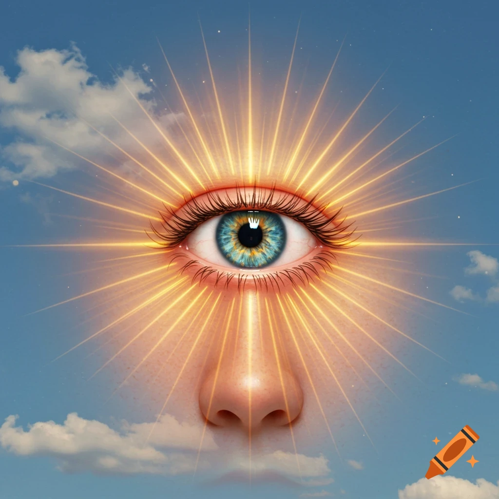 A photorealistic image of a human eye with blue iris, emanating golden sun rays against a cloudy blue sky, symbolizing a third eye.