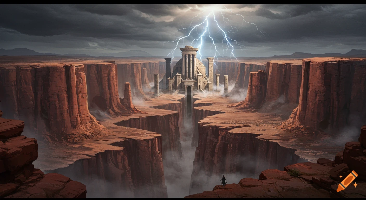 A vast canyon with a storm-lashed ancient stone temple in the center, and a lone figure on a cliff.