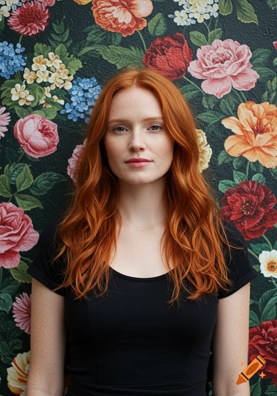 A photorealistic portrait of a young woman with red hair and freckles, wearing a black shirt, standing in front of a dark wall with colorful painted flowers.