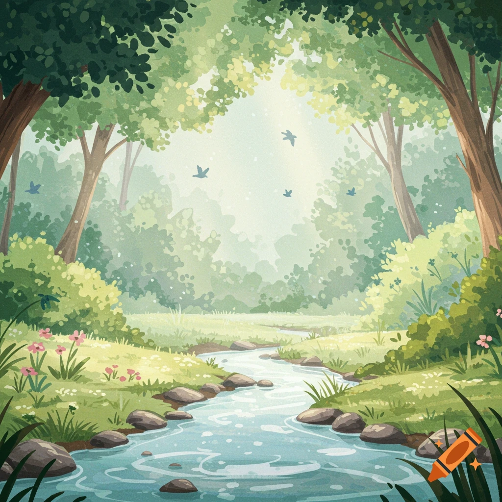 A peaceful watercolor forest scene with a flowing babbling brook, trees, green foliage, and birds flying in the misty light.