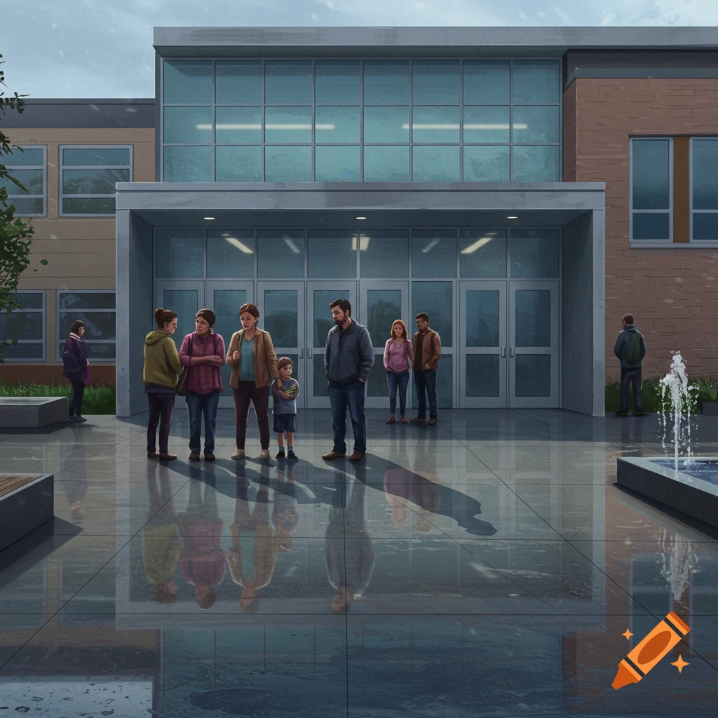 Illustrated scene of a group of parents and a child standing hesitantly in front of a modern school building on a wet day, with reflections on the ground and a fountain.