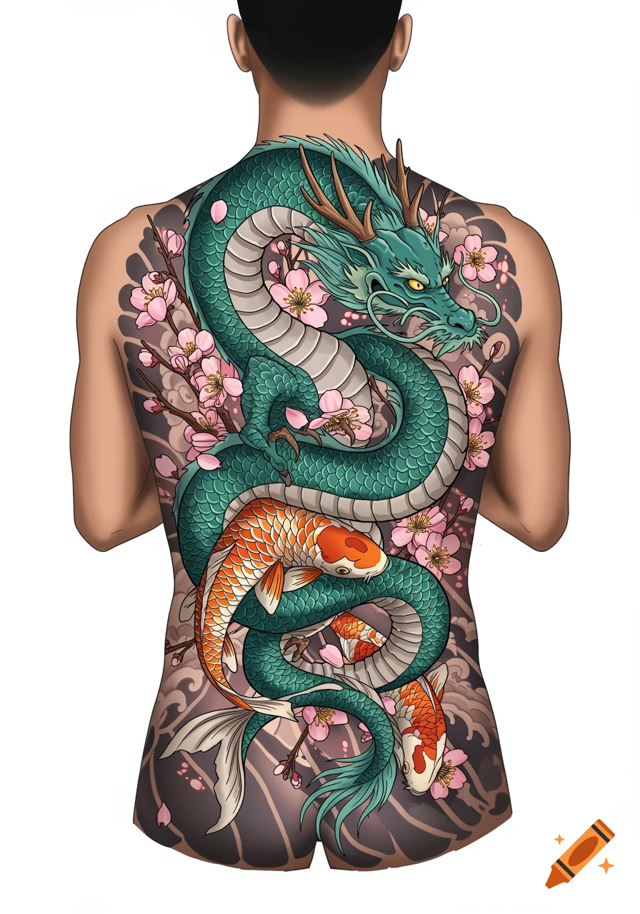 Colorful back tattoo featuring a green dragon, two orange koi fish, and pink cherry blossoms on a person's back.