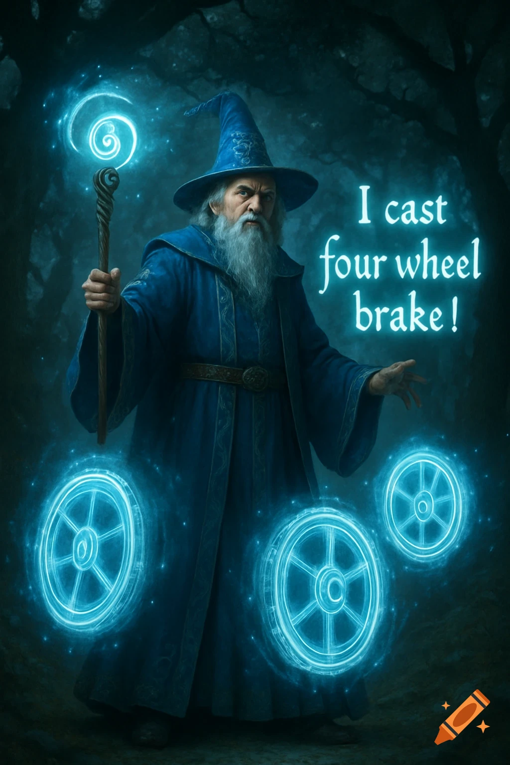 A wizard in blue casts a spell with a glowing staff, surrounded by three luminous blue wheels. Text reads: 'I cast four wheel brake!'