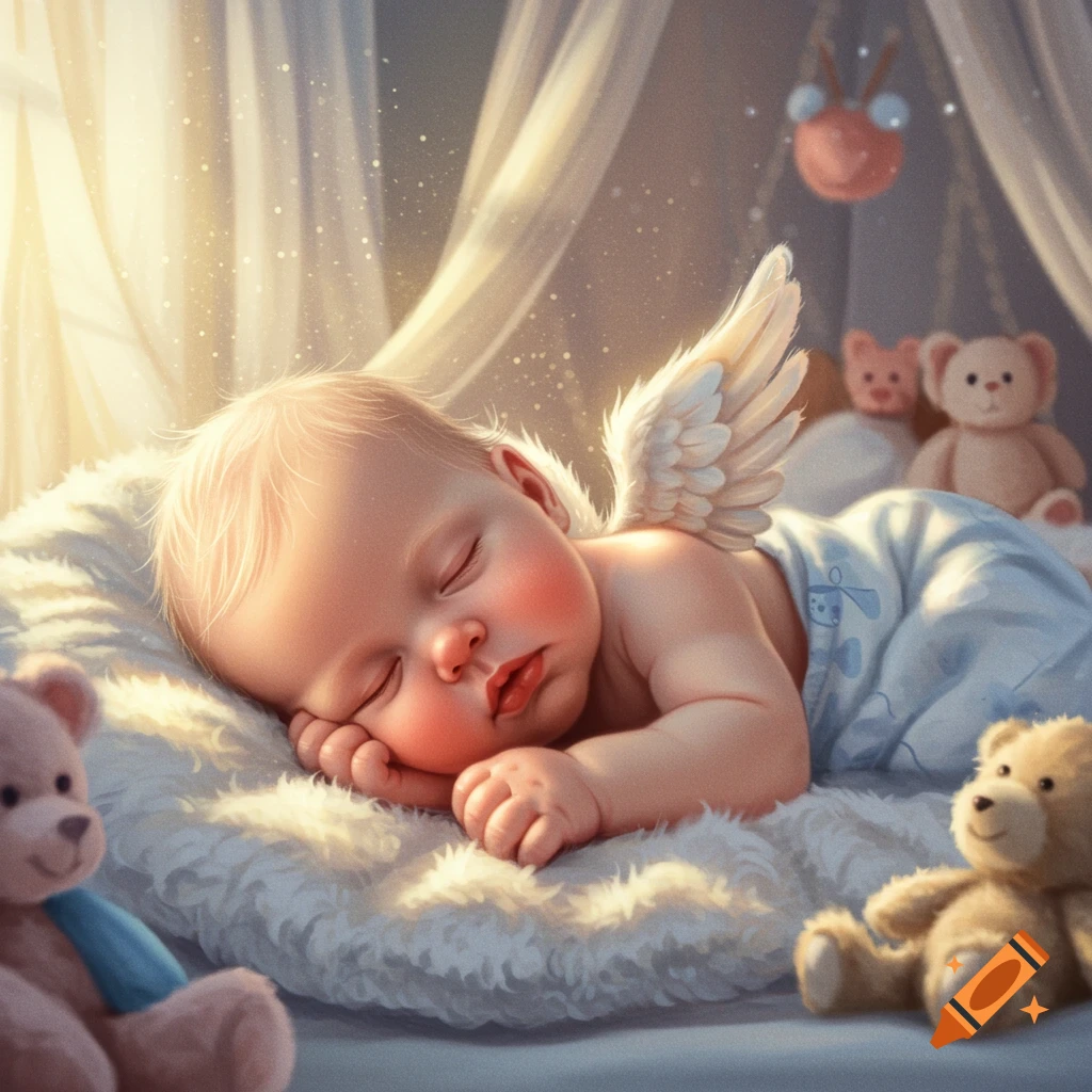 A cute baby with angel wings sleeping peacefully on a fluffy pillow surrounded by teddy bears, bathed in soft golden light.