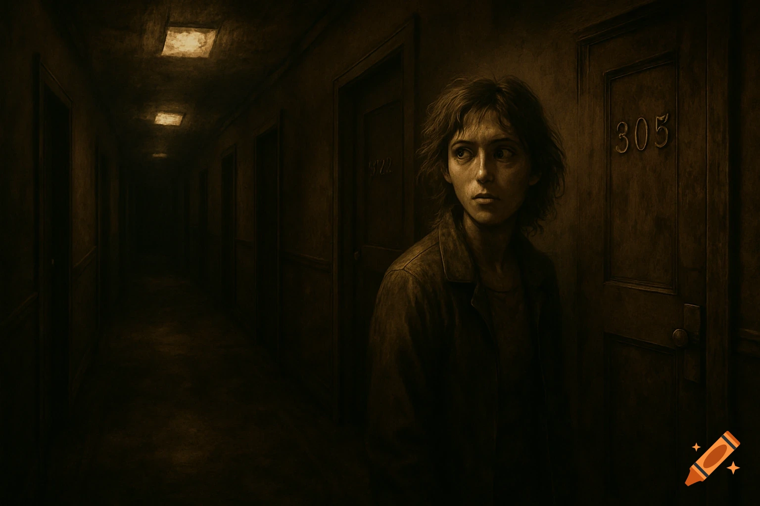 A woman with dark, messy hair stands in a dimly lit, grungy hotel hallway, looking nervously to the side.
