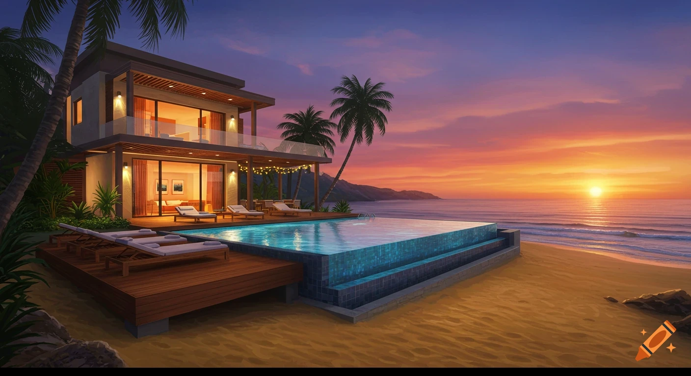 A luxurious two-story beach house with an infinity pool on a sandy beach, bathed in the warm glow of sunset over the ocean, with palm trees.