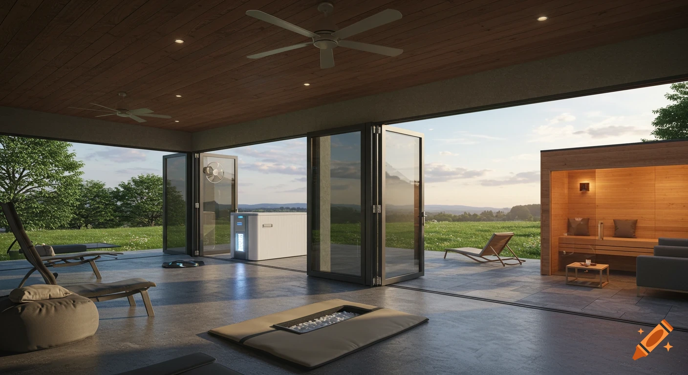 A modern indoor/outdoor living space with large folding glass doors opening to a vast green landscape. The area features a wooden-paneled sauna, lounge chairs, a fireplace pit, and a contemporary ice bath unit under a high wooden ceiling.