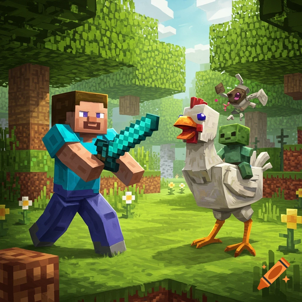 Minecraft Steve with a diamond sword facing a chicken ridden by a baby zombie in a blocky forest.