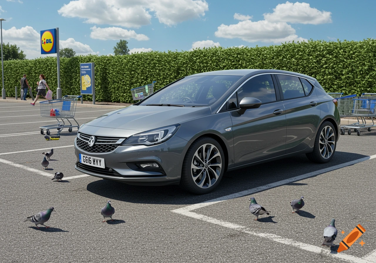 A gray Vauxhall Astra hatchback is parked in a supermarket car park, with several pigeons on the ground around it. A Lidl sign and shopping carts are visible in the background.