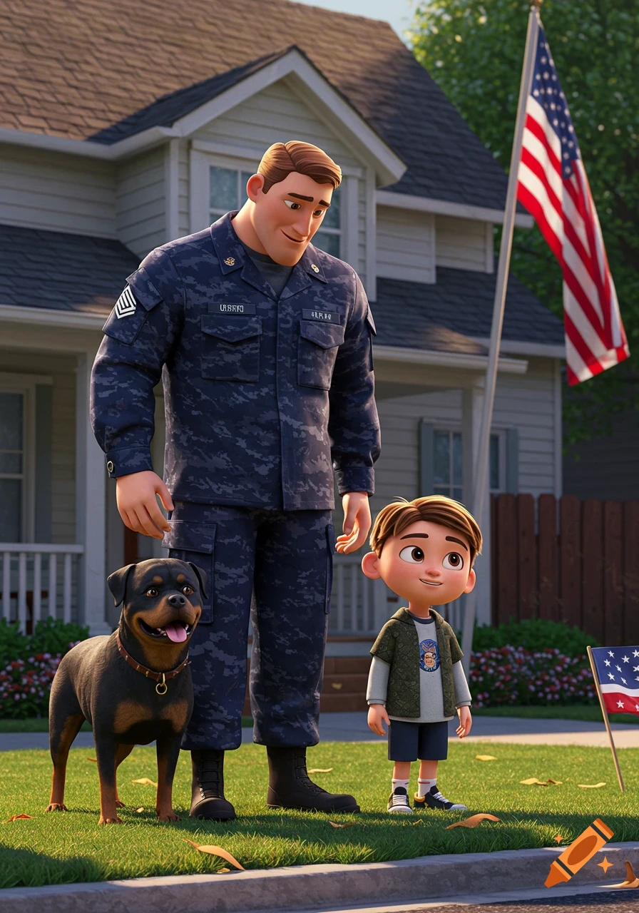 A man in a military uniform, a boy, and a Rottweiler dog stand on a lawn in front of a house with an American flag, in Pixar style.