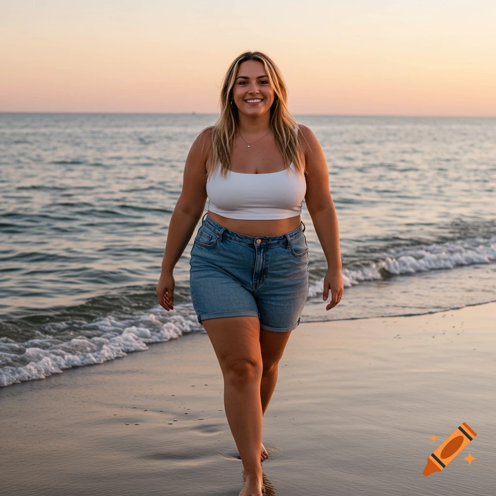A smiling woman in a white crop top and denim shorts walks on a sandy beach by the ocean at sunset.