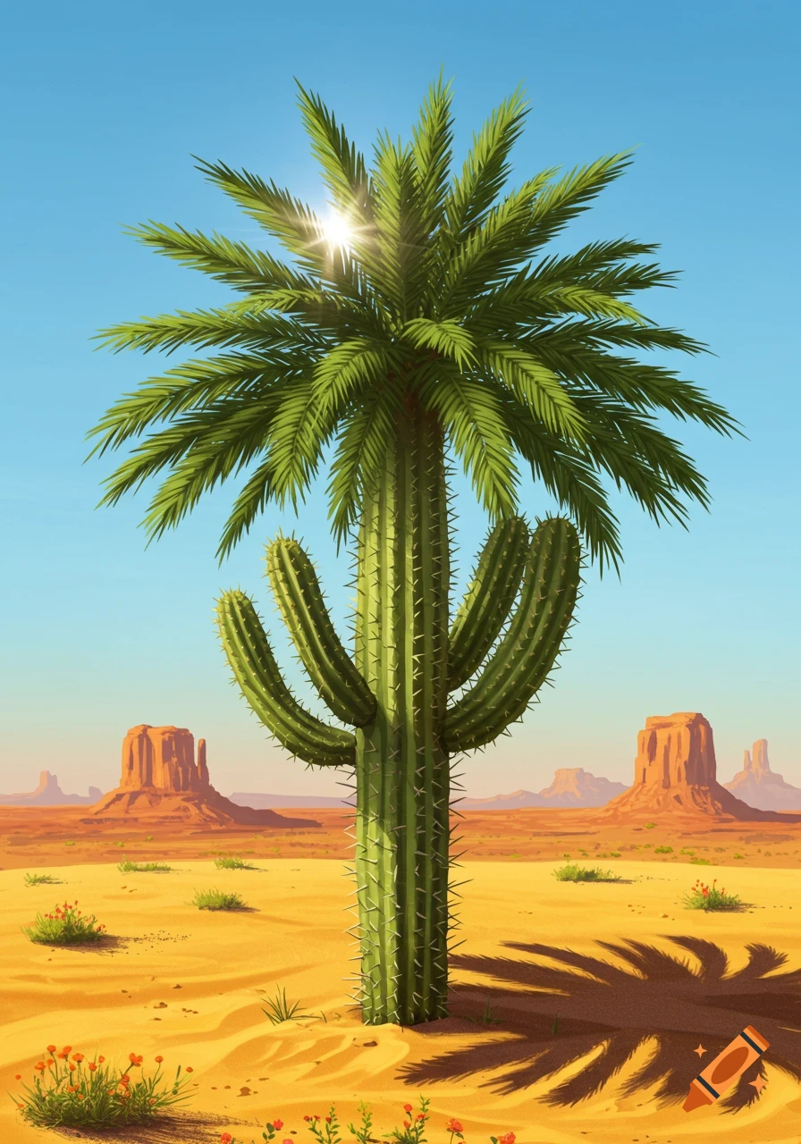 A unique plant combining a cactus body with a palm tree top stands in a sunny desert landscape with buttes under a blue sky.