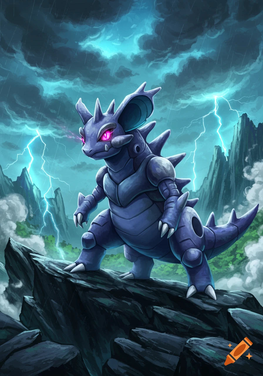 Purple, spiky creature resembling Nidoking stands on a rocky cliff under a stormy sky with lightning, digital art.
