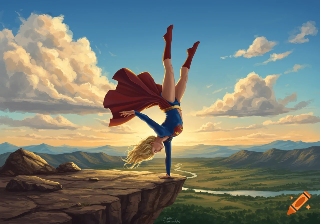 Supergirl in her blue and red costume performs a handstand on the edge of a cliff overlooking a vast green valley with mountains under a dramatic sunset sky.