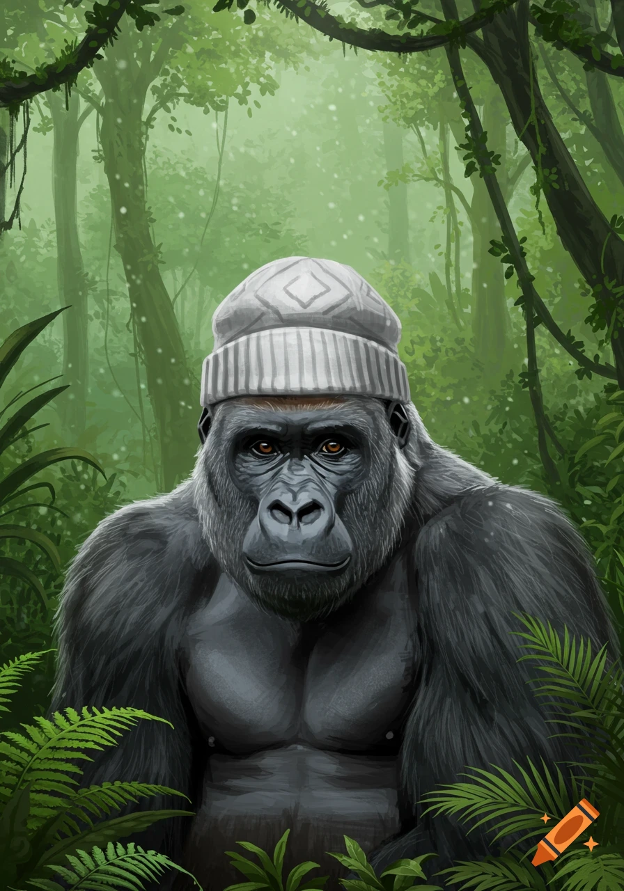 An illustrated gorilla wearing a gray and white beanie stares forward in a lush green jungle.