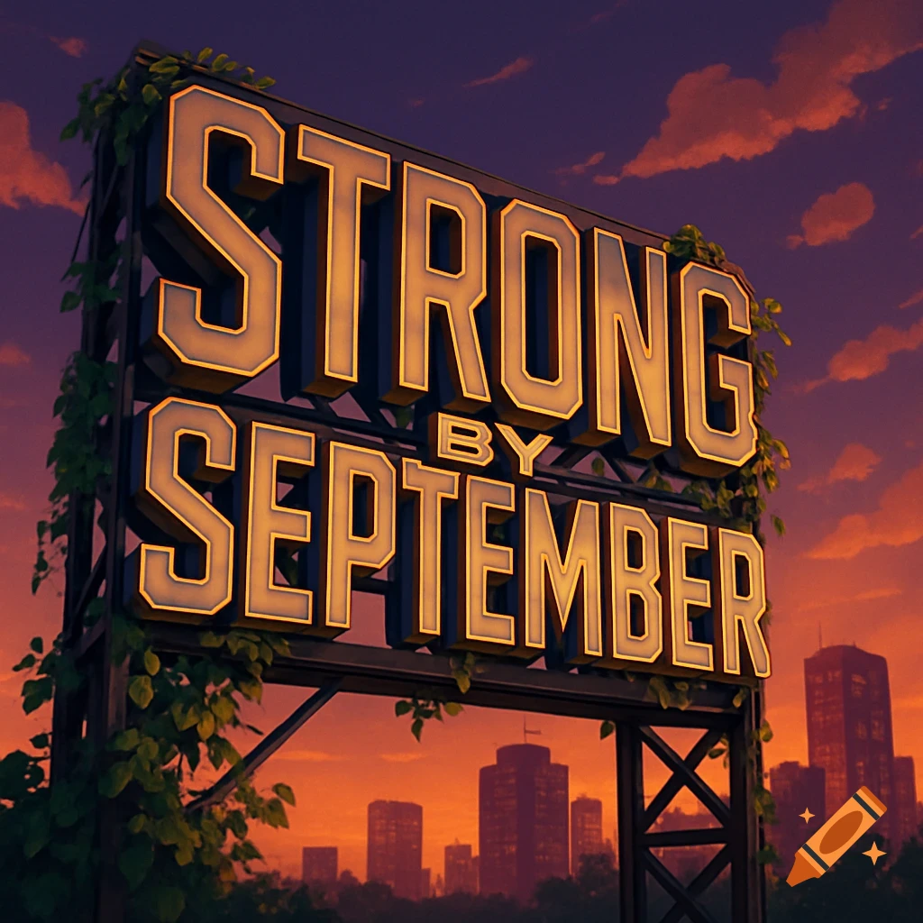 A large, illuminated sign reading "STRONG BY SEPTEMBER" stands against a vibrant orange and purple sunset sky over a city skyline.
