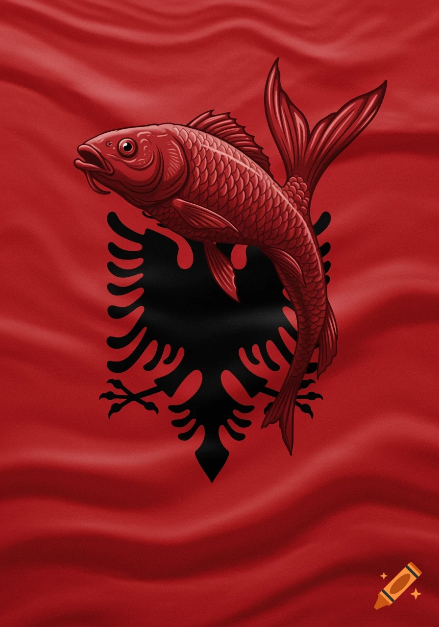 A stylized red fish in place of the eagle on a waving red flag, resembling the Albanian flag.