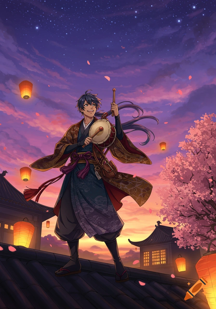 Anime man in traditional Japanese attire on a rooftop at dawn, holding a drum amidst cherry blossoms and lanterns, vibrant sky.