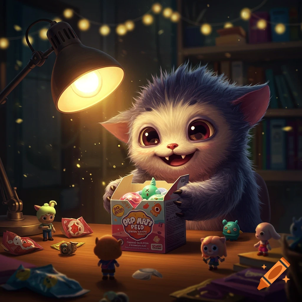 A fluffy grey creature with big eyes smiles, holding an open 'POP MART' box filled with colorful toys under a desk lamp. Toys are on the table.