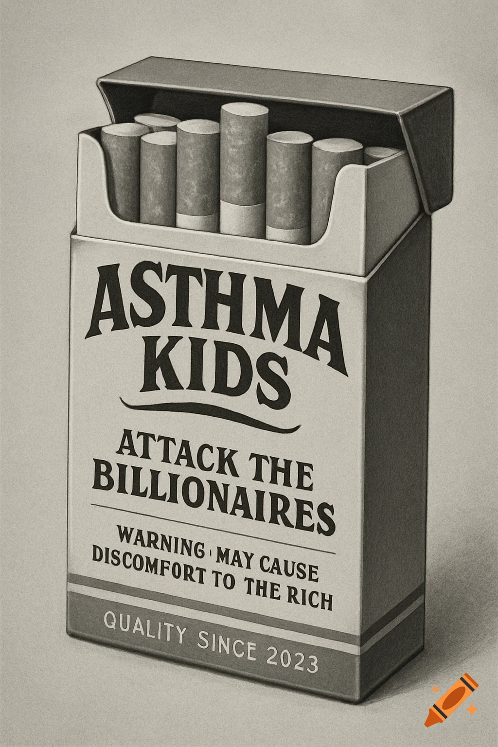 A black and white drawing of a cigarette pack with "ASTHMA KIDS" as the main title and other satirical text.