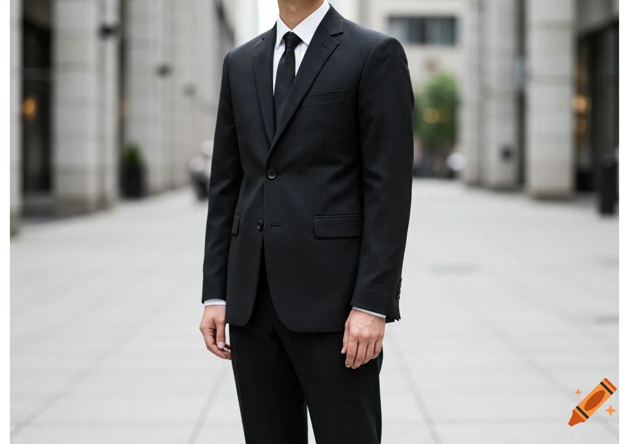 A person in a black suit with a white shirt and black tie stands on a city street.
