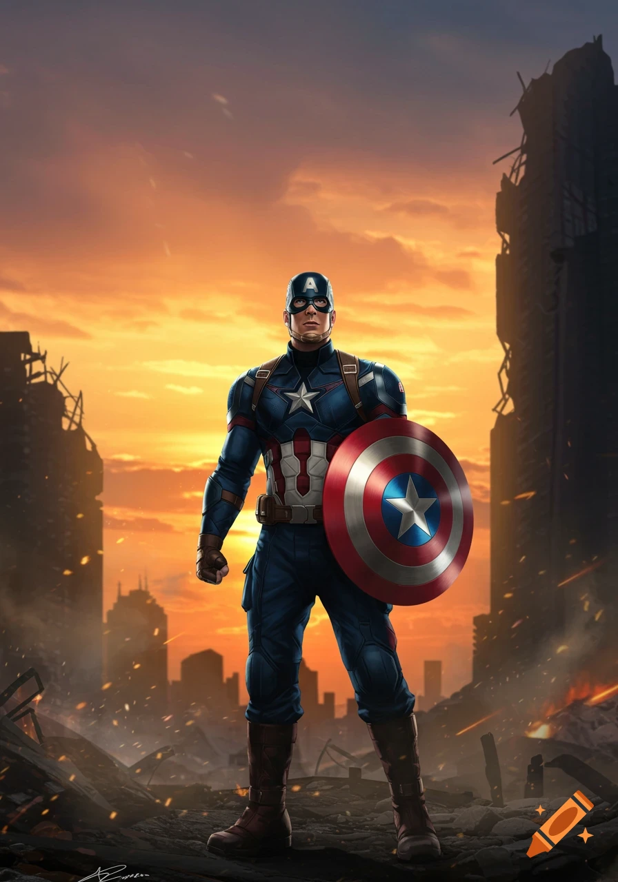 Captain America stands defiantly in a destroyed city at sunset, holding his shield. The image has a detailed, illustrative style.