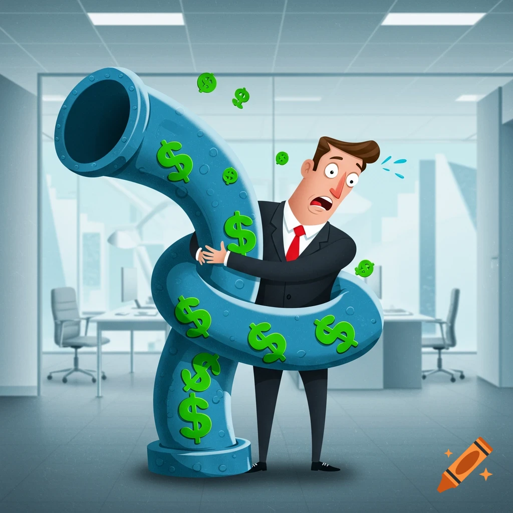 A cartoon businessman in a suit looks shocked, caught with a large blue pipeline wrapped around him. Green dollar signs are on the pipe and float around him in an office setting.