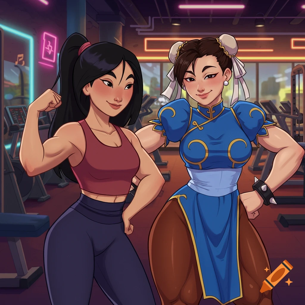 Mulan flexes her bicep while standing next to Chun-Li at a gym, both smiling in a cartoon style.